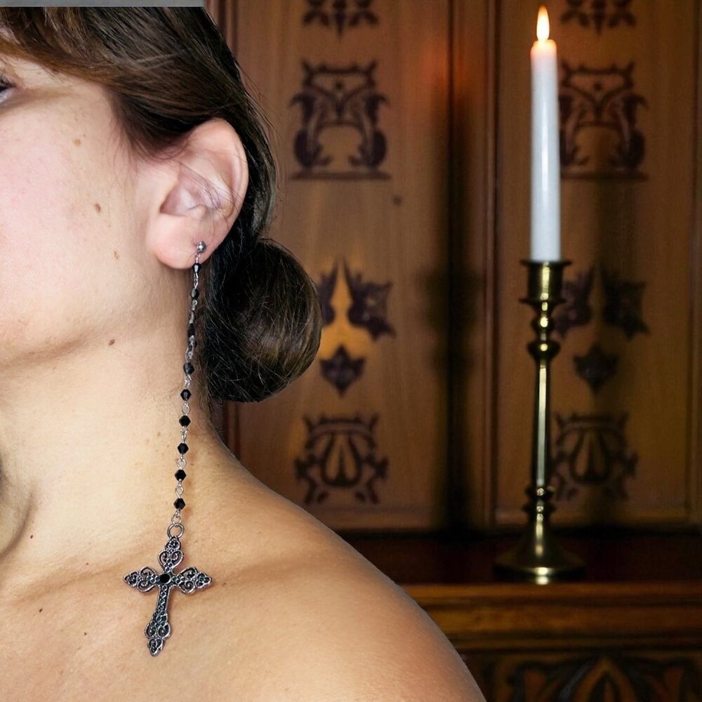 Gota Long Dangle Cross Earrings W/ Black Beaded Chain & Intricate Silver Design